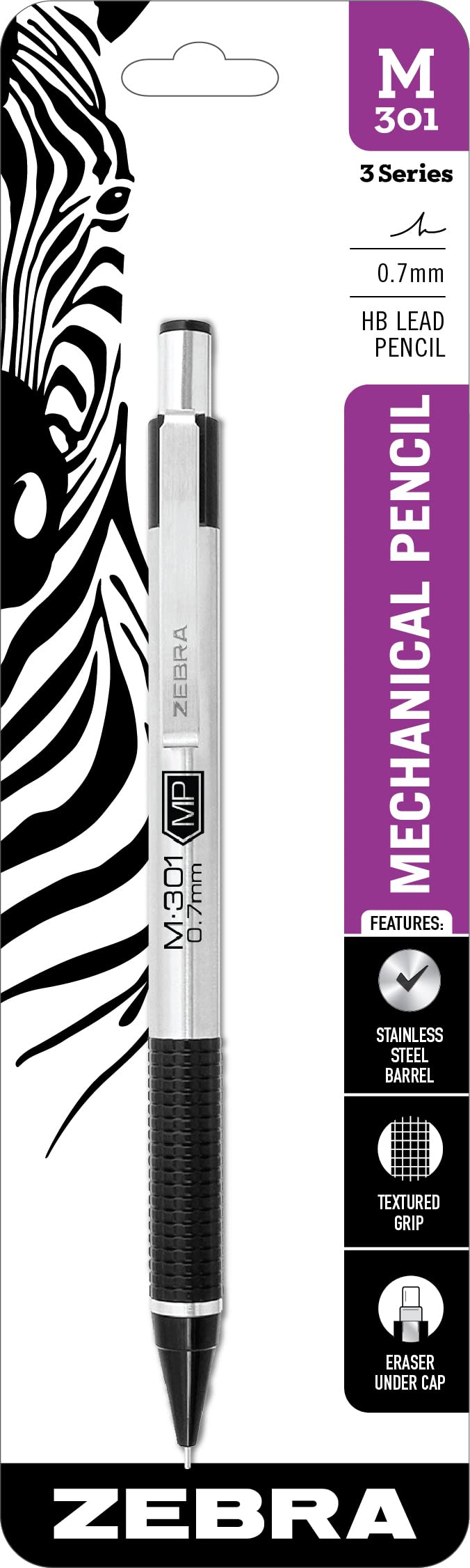 Zebra Pen M-301 Mechanical Pencil, Stainless Steel Barrel, Medium Point, 0.7mm, Black Grip (Pack of 1,12 Count Total)