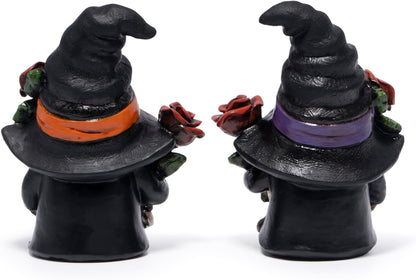Hodao Halloween Gnomes Decorations Indoor, Resin Halloween Skull Head Handmade Figurines with Witch Hat & Rose Decor for Gift Home Bedroom Party Office Table - 2 Pcs, Black Hats