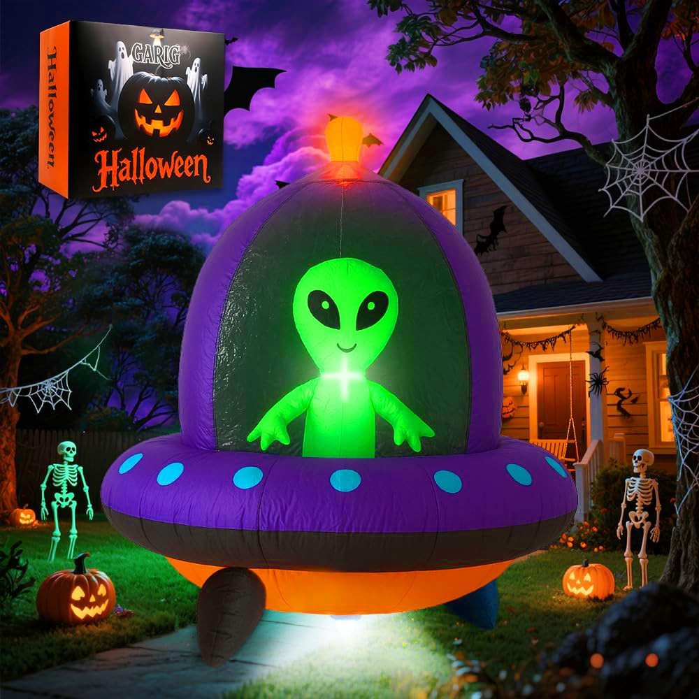 GARIG 5FT Halloween Inflatables Outdoor Decorations Aliens and UFO Build-in LEDs Lights Blow Up Yard Decorations for Garden Lawn Window Indoor Party Holiday Decor
