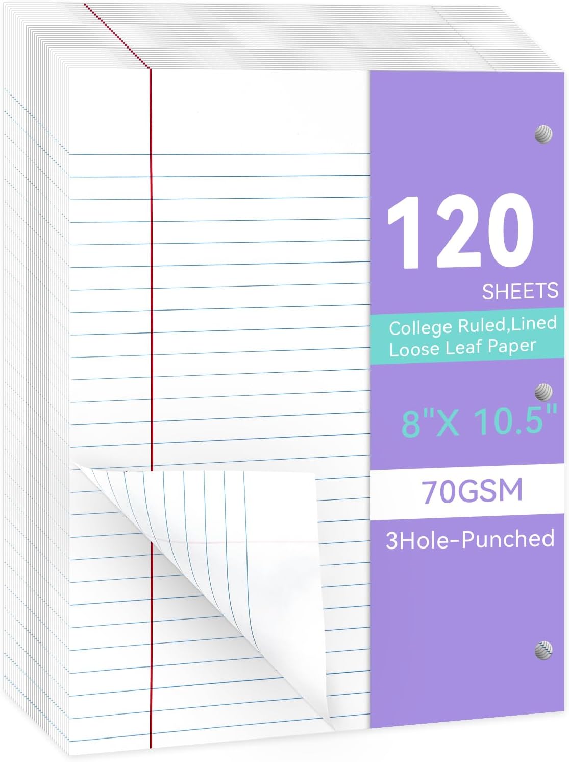 Loose Leaf Paper Wide Ruled Notebook Paper, 8" x 10.5" Lined Filler Paper for 3-Ring Binders, 3-Hole Punched Writing Paper-120 Sheets, White