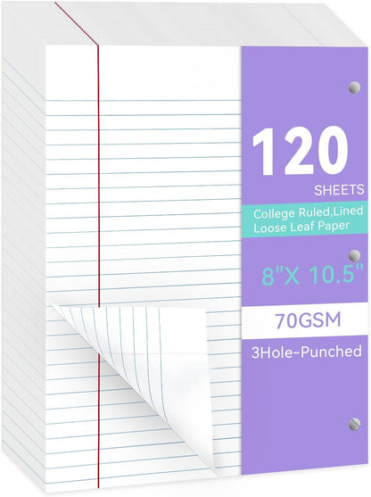 Loose Leaf Paper Wide Ruled Notebook Paper, 8" x 10.5" Lined Filler Paper for 3-Ring Binders, 3-Hole Punched Writing Paper-120 Sheets, White