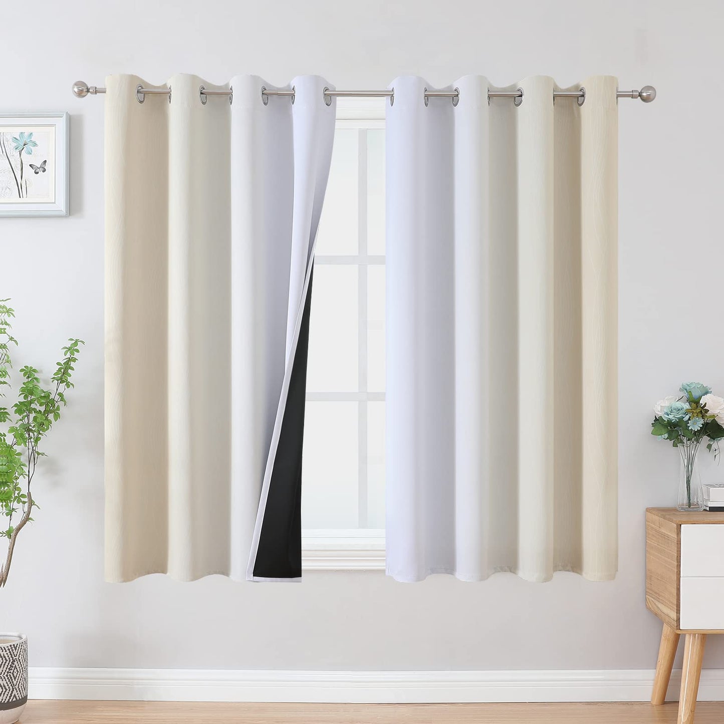 Estelar Textiler Beige and Greyish White Blackout Curtains for Living Room, Full Room Darkening Gradient Drapes for Bedroom, Thermal Insulated Ombre Grommet Curtains for Dining Room,52Wx84L,2 Panels