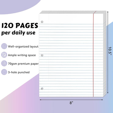 Loose Leaf Paper Wide Ruled Notebook Paper, 8" x 10.5" Lined Filler Paper for 3-Ring Binders, 3-Hole Punched Writing Paper-120 Sheets, White