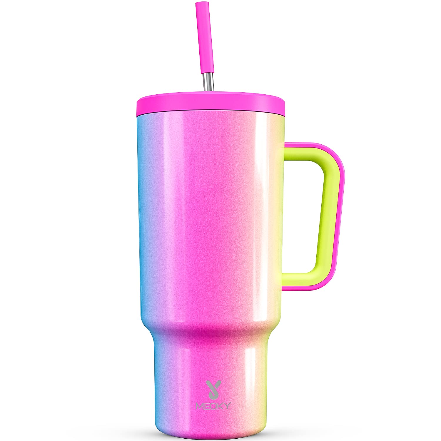 Meoky 40 oz Christmas Tumbler with Handle and Straw, Xmas Tumbler with Lid and Straw, Insulated Stainless Steel Travel Mug, Christmas Gifts for Women Men Adults (Jolly Reindeer)