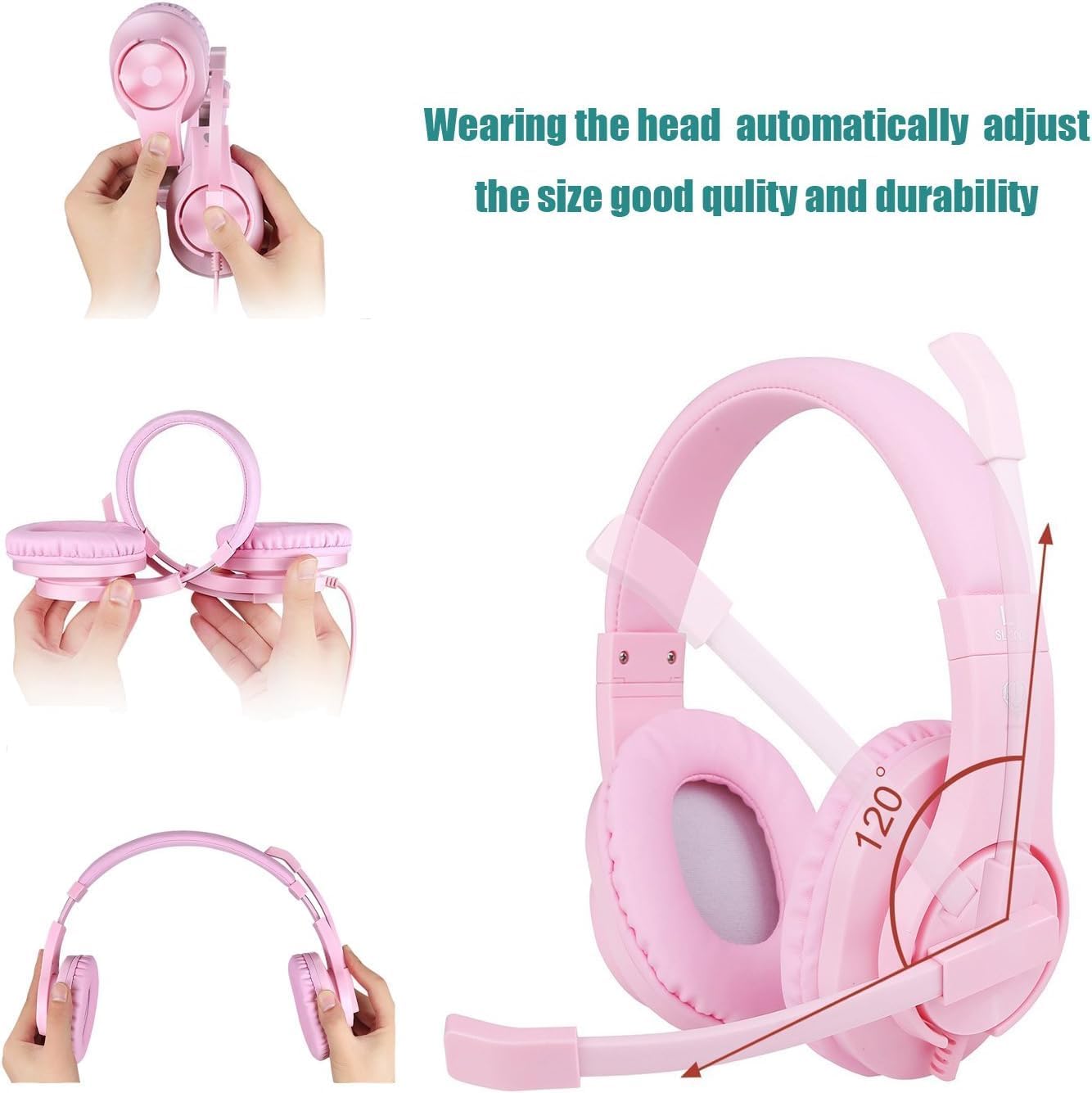 H-10 Gaming Headset for PS4, Xbox One, PC, PS5, Nintendo Switch, Stereo Wired Noise Cancelling Over Ear Headphones with Mic for Kids Adults, Bass Surround, Soft Memory Earmuffs, Pink