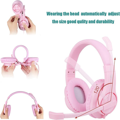 H-10 Gaming Headset for PS4, Xbox One, PC, PS5, Nintendo Switch, Stereo Wired Noise Cancelling Over Ear Headphones with Mic for Kids Adults, Bass Surround, Soft Memory Earmuffs, Pink