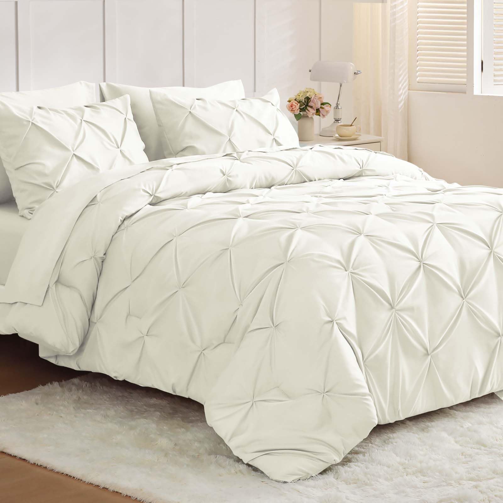 JOLLYVOGUE Queen Comforter Set 7 Pieces - Bed in a Bag Queen for All Season, Pintuck Bedding Comforter Sets with Comforter, Flat Sheet, Fitted Sheet and Pillowcases & Shams, Black
