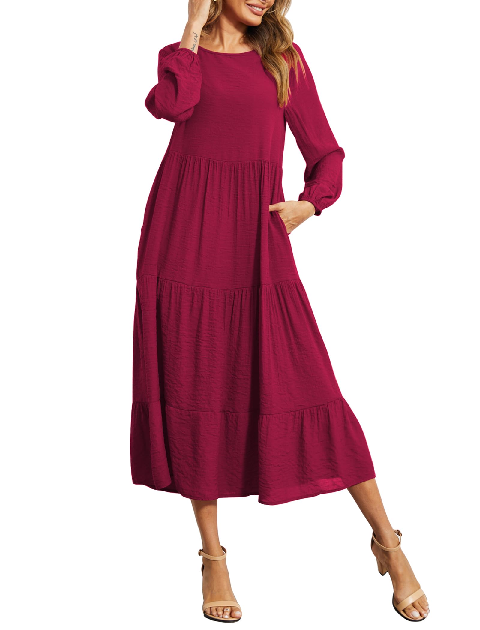 Halife Women's Summer Casual Maxi Dresses Flowy Ruffle Boho Long Dresses with Pockets