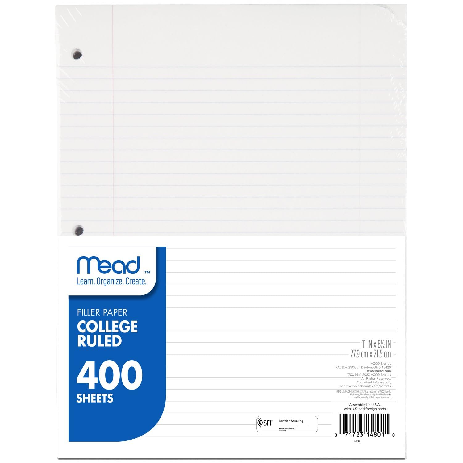 Mead Loose Leaf Paper, College Ruled Filler Notebook Paper, 8-1/2" x 11", 200 Sheets, Fits 3-Ring Binder (17208)