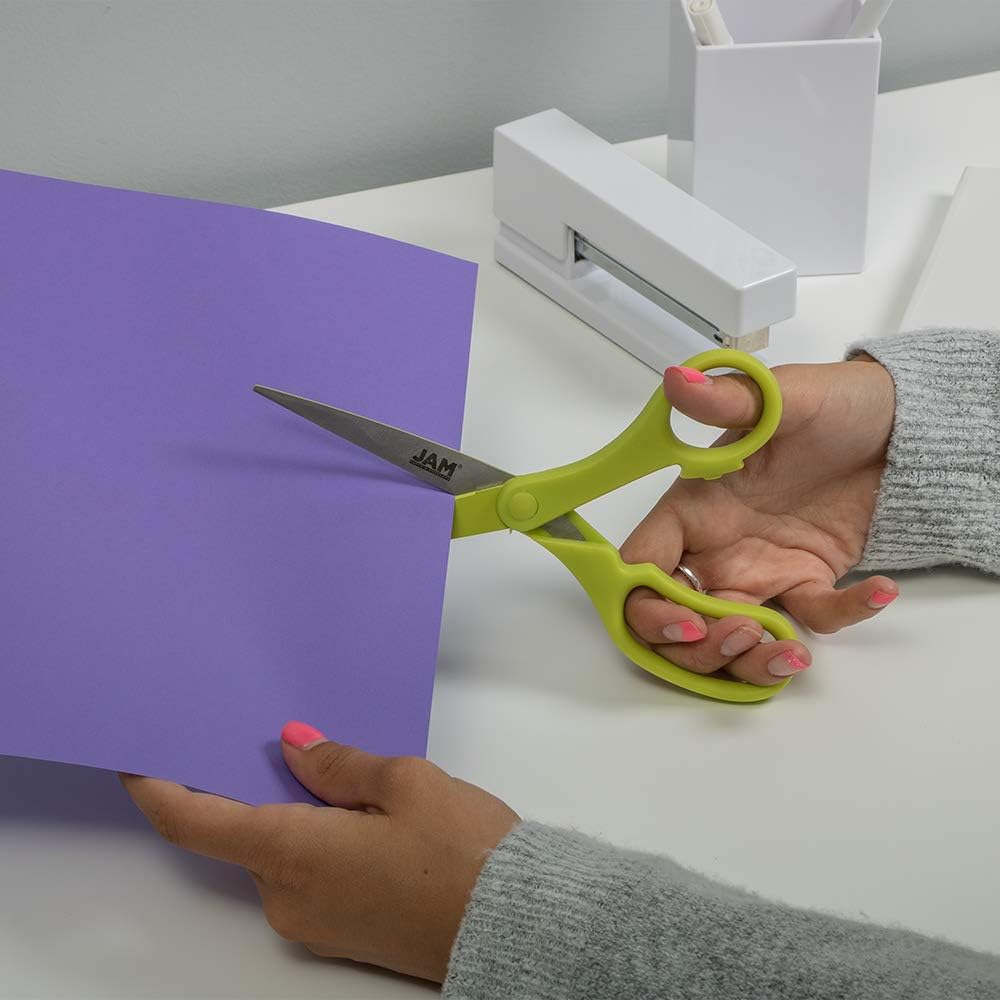 JAM PAPER Multi-Purpose Precision Scissors - 8 Inch - Neon Lime Green - Ergonomic Handle & Stainless Steel Blades - Sold Individually