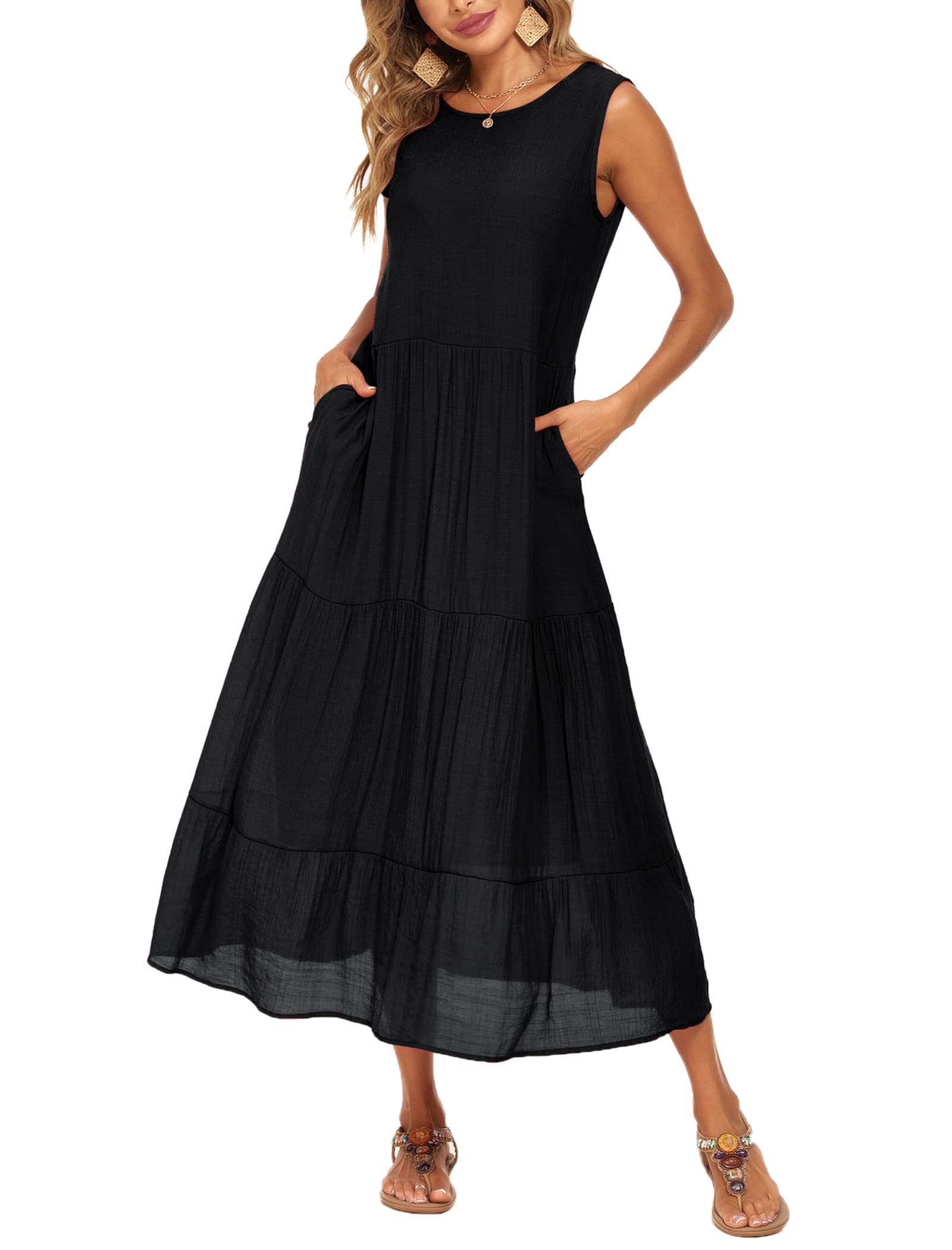 Halife Women's Summer Casual Maxi Dresses Flowy Ruffle Boho Long Dresses with Pockets