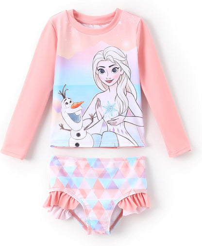 Disney Mickey and Friends Girl Two Piece Long Sleeve Swimsuit Rashguard Bathing Suit