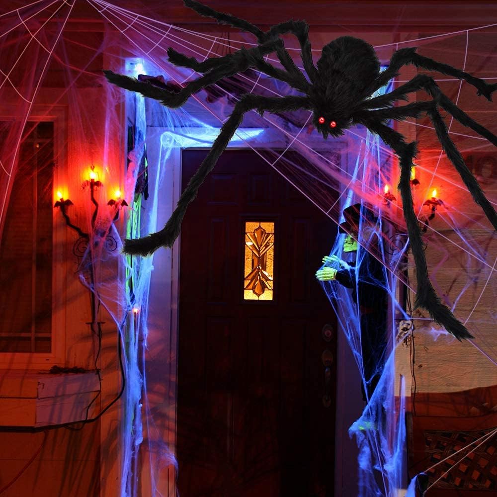 OCATO 200" Halloween Spider Web + 59" Giant Spider Decorations Fake Spiders with Triangular Huge Spiders Web for Indoor Outdoor Halloween Decorations Yard Home Costumes Parties Haunted House Décor