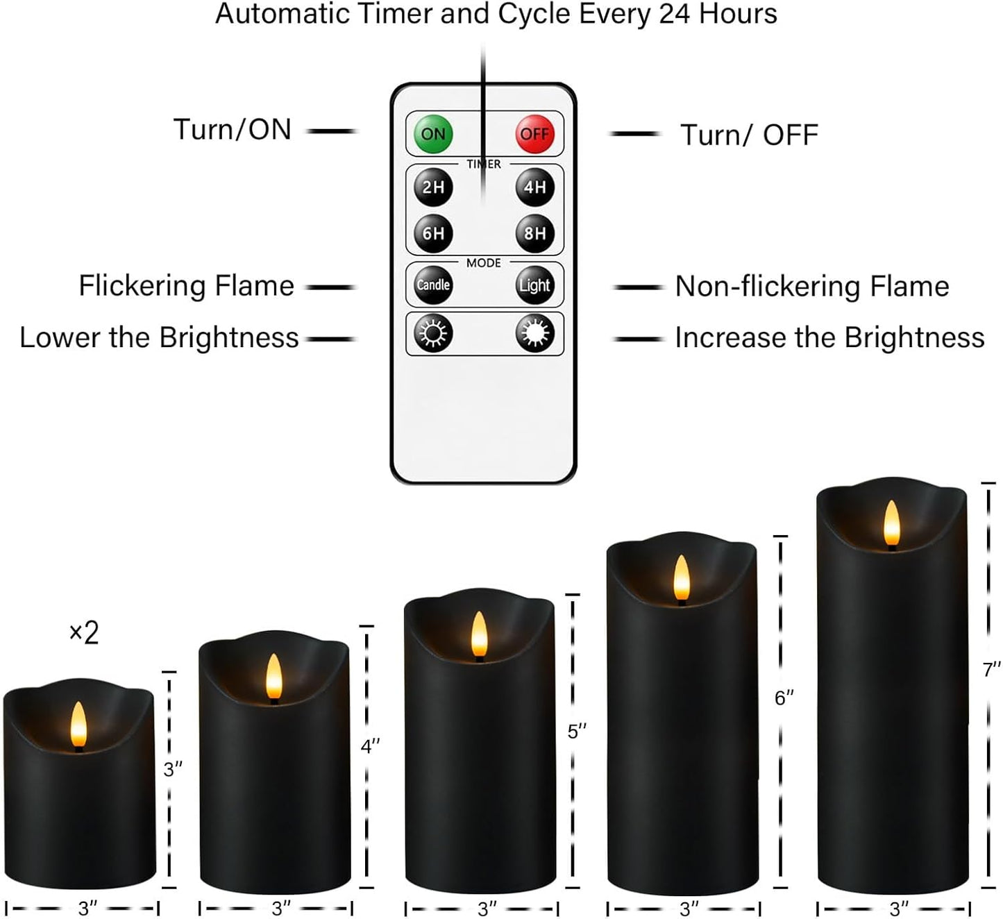 Fo32won Flameless Flickering Candles with Remote Timer, Set of 6 Led Black Battery Operated Candles for Home Decor Xmas Halloween (D3 x H3 3" 4" 5" 6" 7")