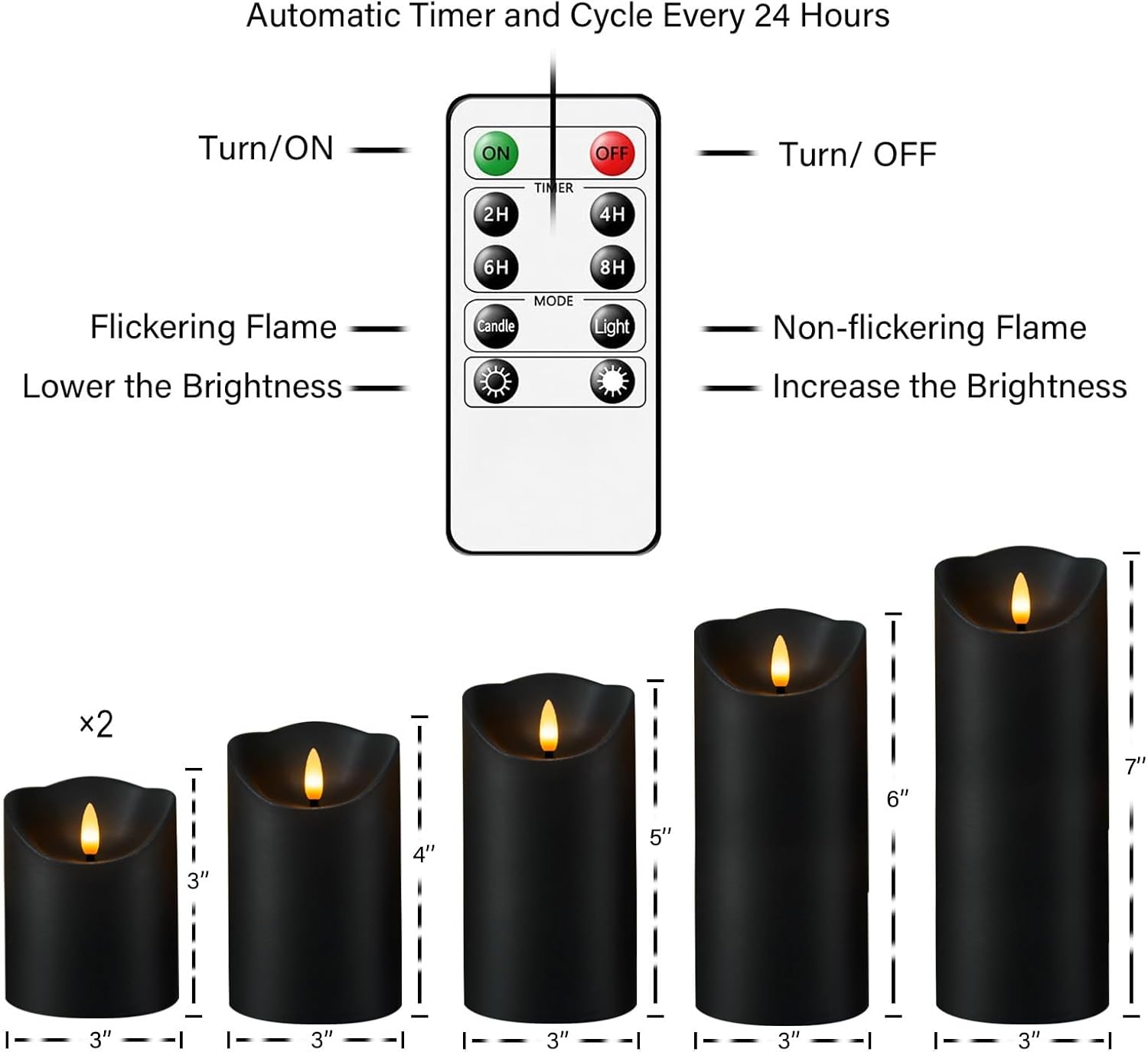 Fo32won Flameless Flickering Candles with Remote Timer, Set of 6 Led Black Battery Operated Candles for Home Decor Xmas Halloween (D3 x H3 3" 4" 5" 6" 7")