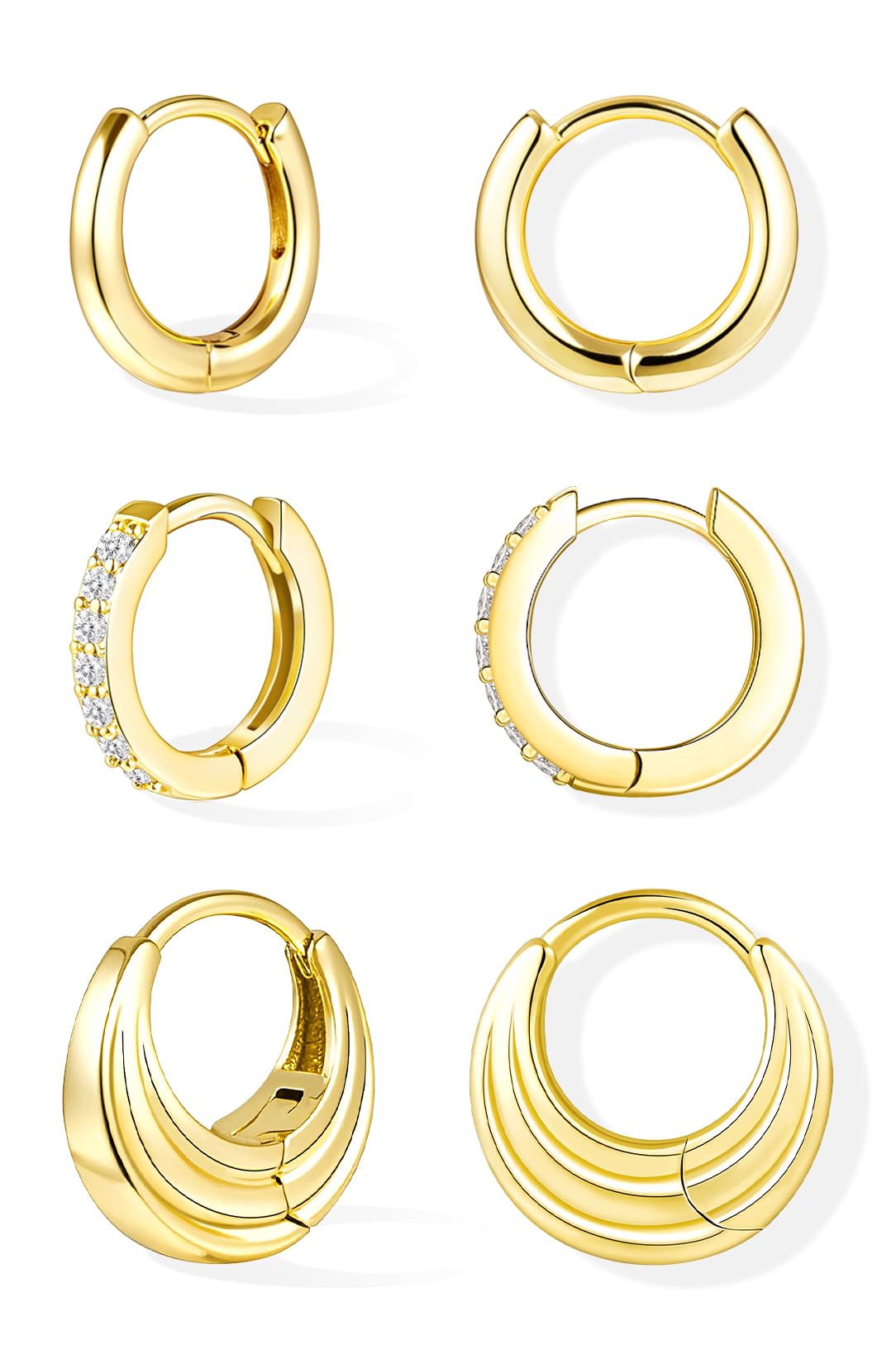 Inerney Gold Huggie Hoop Earrings Set for Women, Dainty Small Sterling Silver Earring Stacks Hypoallergenic Jewelry for Multiple Piercings, Trendy Twisted Cute Cartilage Hoops Birthstone Gift 3 Pairs