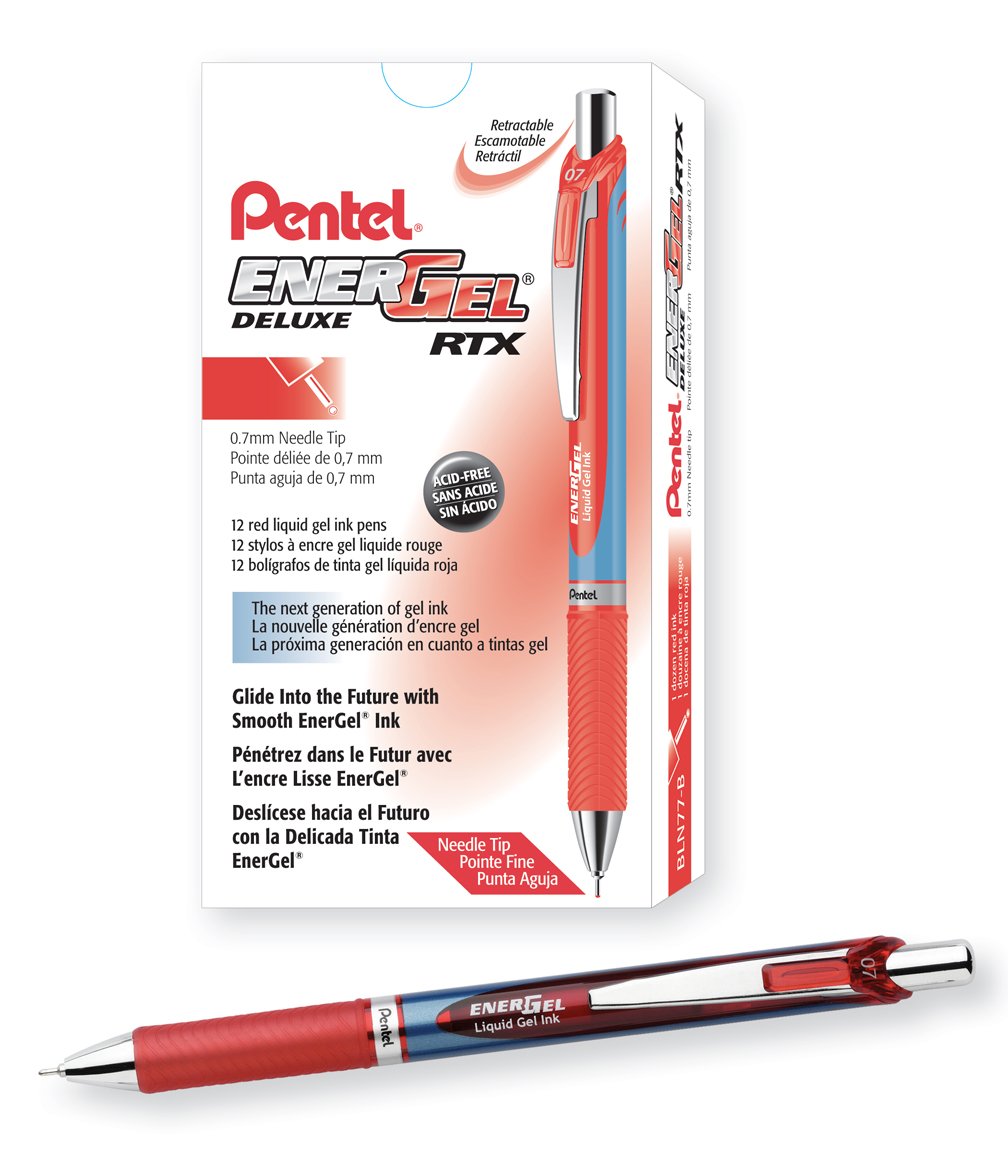 Pentel EnerGel Deluxe RTX Retractable Gel Pens, Needle Tip, Medium 0.7mm, Black Ink, Dozen (BLN77-A)