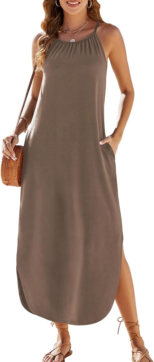 Halife Womens Summer Dresses Casual Loose Halter Long Sundress Sleeveless Split Maxi Beach Dress with Pockets