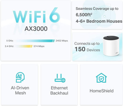 TP-Link 𝐃𝐞𝐜𝐨 X55 AX3000 WiFi 6 Mesh System - Covers up to 6500 Sq.Ft. , Replaces Wireless Router and Extender, 3 Gigabit ports per unit, supports Ethernet Backhaul (3-pack)