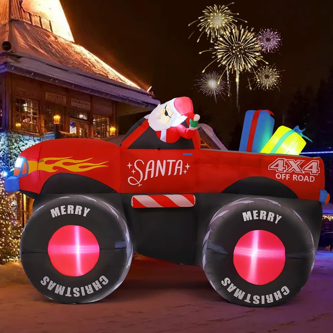 GOOSH 7.5 FT Long Christmas Inflatables Monster Truck Outdoor Decorations Blow Up Yard Santa Claus with Presents on Truck with Built-in LEDs for Garden Lawn Indoor Party Décor