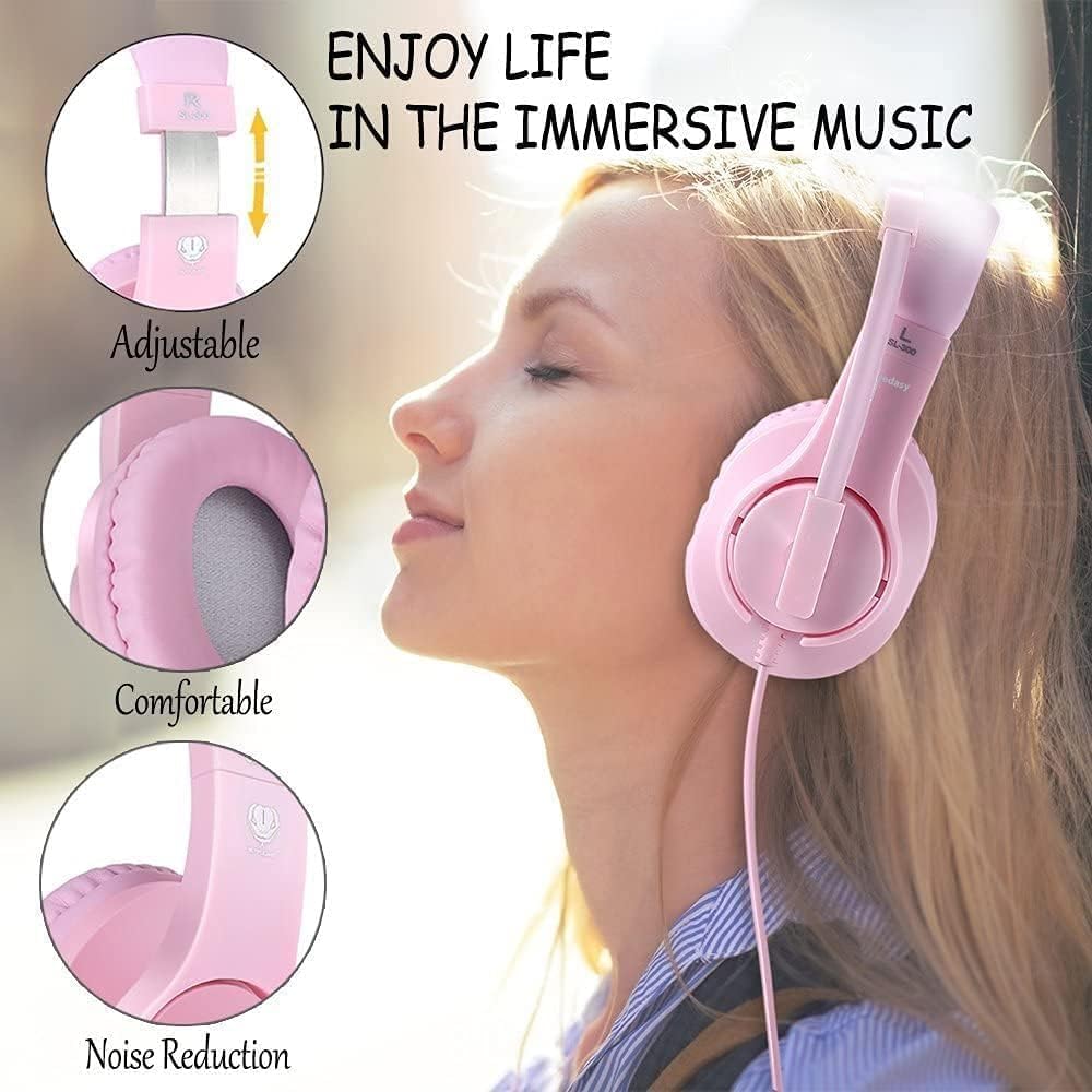 H-10 Gaming Headset for PS4, Xbox One, PC, PS5, Nintendo Switch, Stereo Wired Noise Cancelling Over Ear Headphones with Mic for Kids Adults, Bass Surround, Soft Memory Earmuffs, Pink