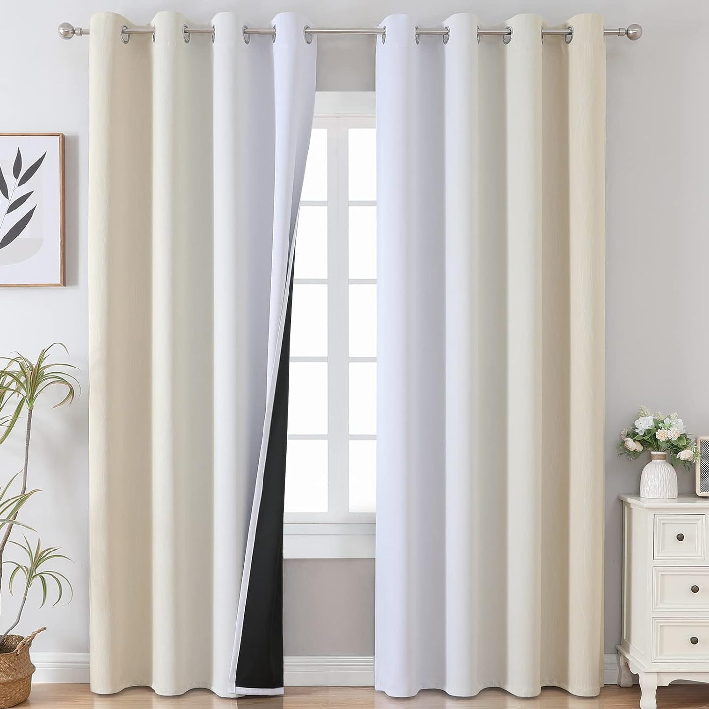Estelar Textiler Beige and Greyish White Blackout Curtains for Living Room, Full Room Darkening Gradient Drapes for Bedroom, Thermal Insulated Ombre Grommet Curtains for Dining Room,52Wx84L,2 Panels