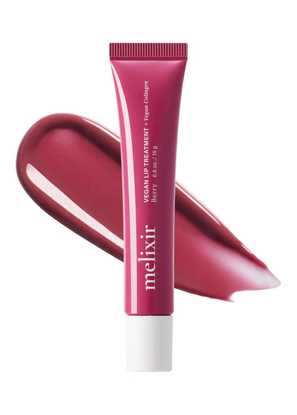 Melixir Vegan Lip Treatment, Sheer Tinted Lip Balm for Instant Hydration & Shine, Moisturizing Lip Gloss, Infused with Vegan Collagen & Jojoba Oil, Cruelty-Free, Korean Skincare-2 Rose(0.5oz)