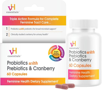 vH Essentials Probiotics for Women with Prebiotics, Cranberry & Vitamin C - 60 Capsules (30 Day Supply) - Vaginal Probiotics Support Gut Balance, Vaginal Health & Urinary Tract Health for Women