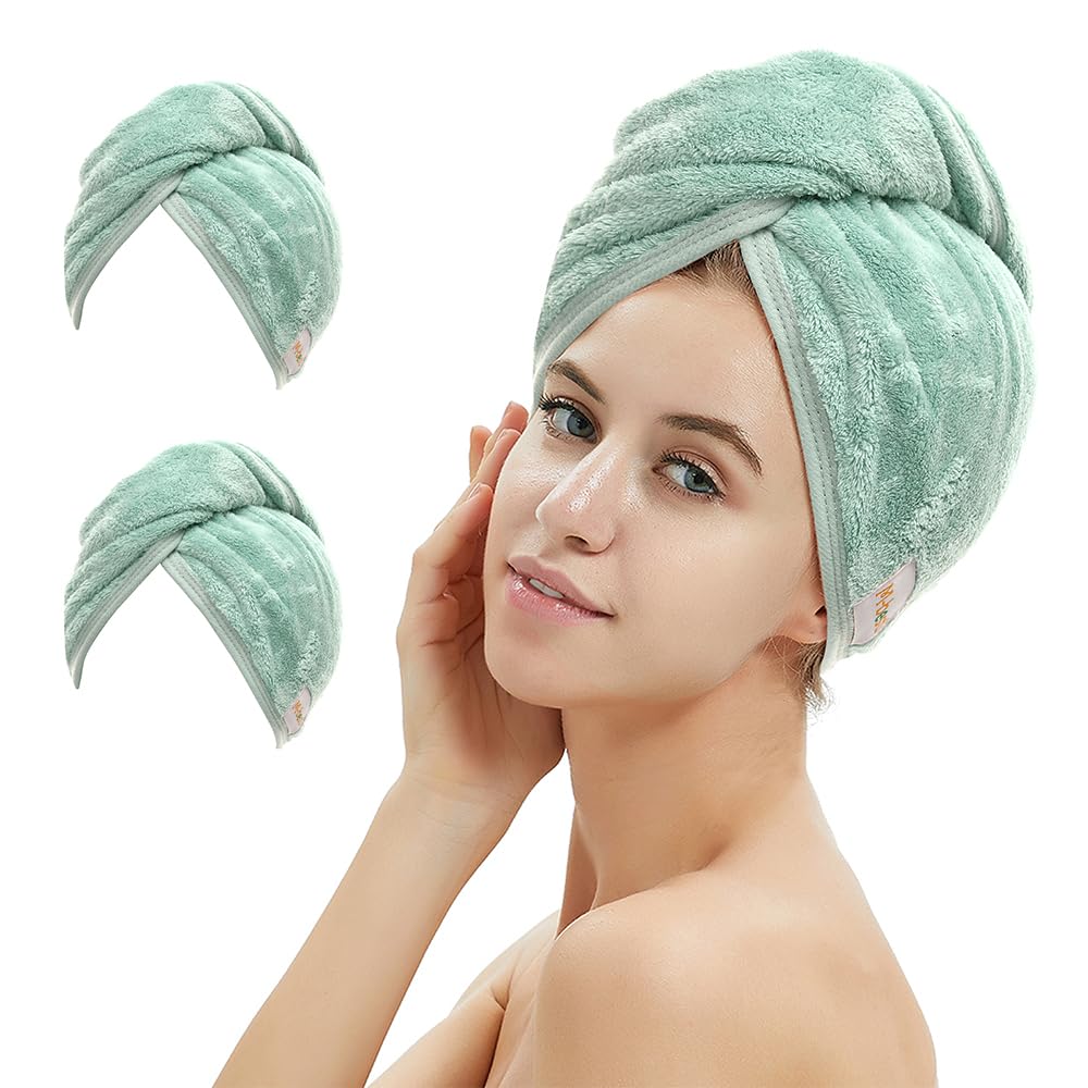 2 Pack Microfiber Hair Towel Wrap,Hair Drying Towel with Button, Towel Turban,Head Towel to Dry Hair Quickly (Pink&Beige)