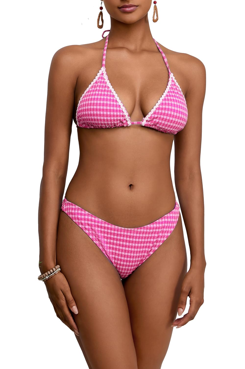 Women Sexy String 2 Piece Bikini Set Cheeky Halter Plaid Swimsuits