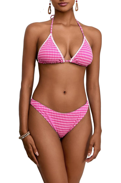 Women Sexy String 2 Piece Bikini Set Cheeky Halter Plaid Swimsuits
