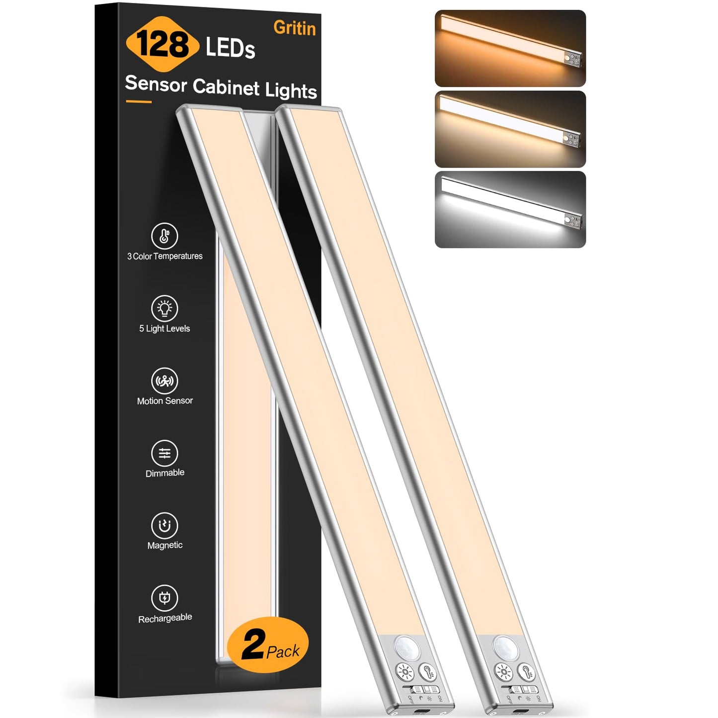 Gritin 10.2inch Under Cabinet Lighting Rechargeable -84 LED Super Bright,3-Color& 5 Level Brightness,4 Modes,Motion Sensor,Long Lasting- Easy Installation Magnetic Under Cabinet Closet Lights -2 Pack