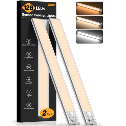 Gritin 10.2inch Under Cabinet Lighting Rechargeable -84 LED Super Bright,3-Color& 5 Level Brightness,4 Modes,Motion Sensor,Long Lasting- Easy Installation Magnetic Under Cabinet Closet Lights -2 Pack