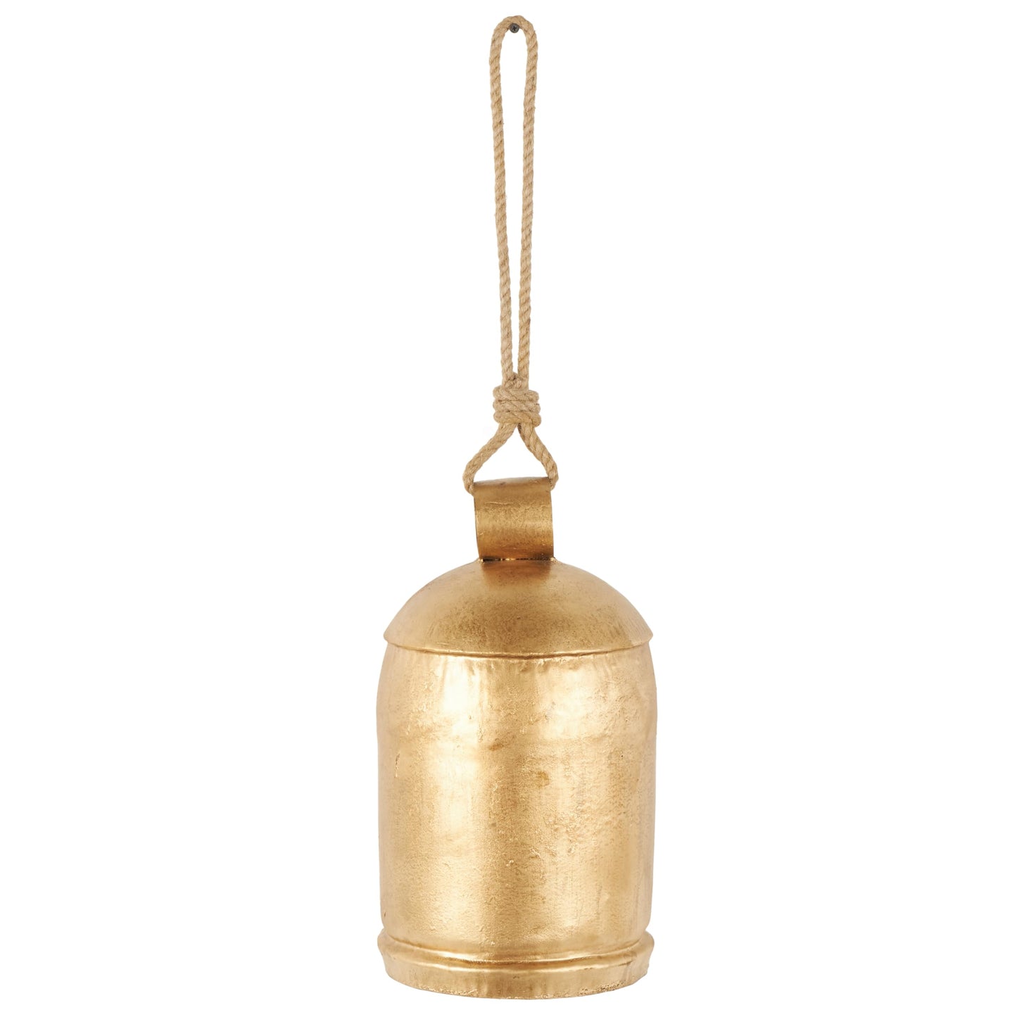 Deco 79 Gold Metal Tibetan Inspired Decorative Giant XL Cow Bells with Jute Hanging Rope, Set of 3 10",8",6"H - Cylindrical