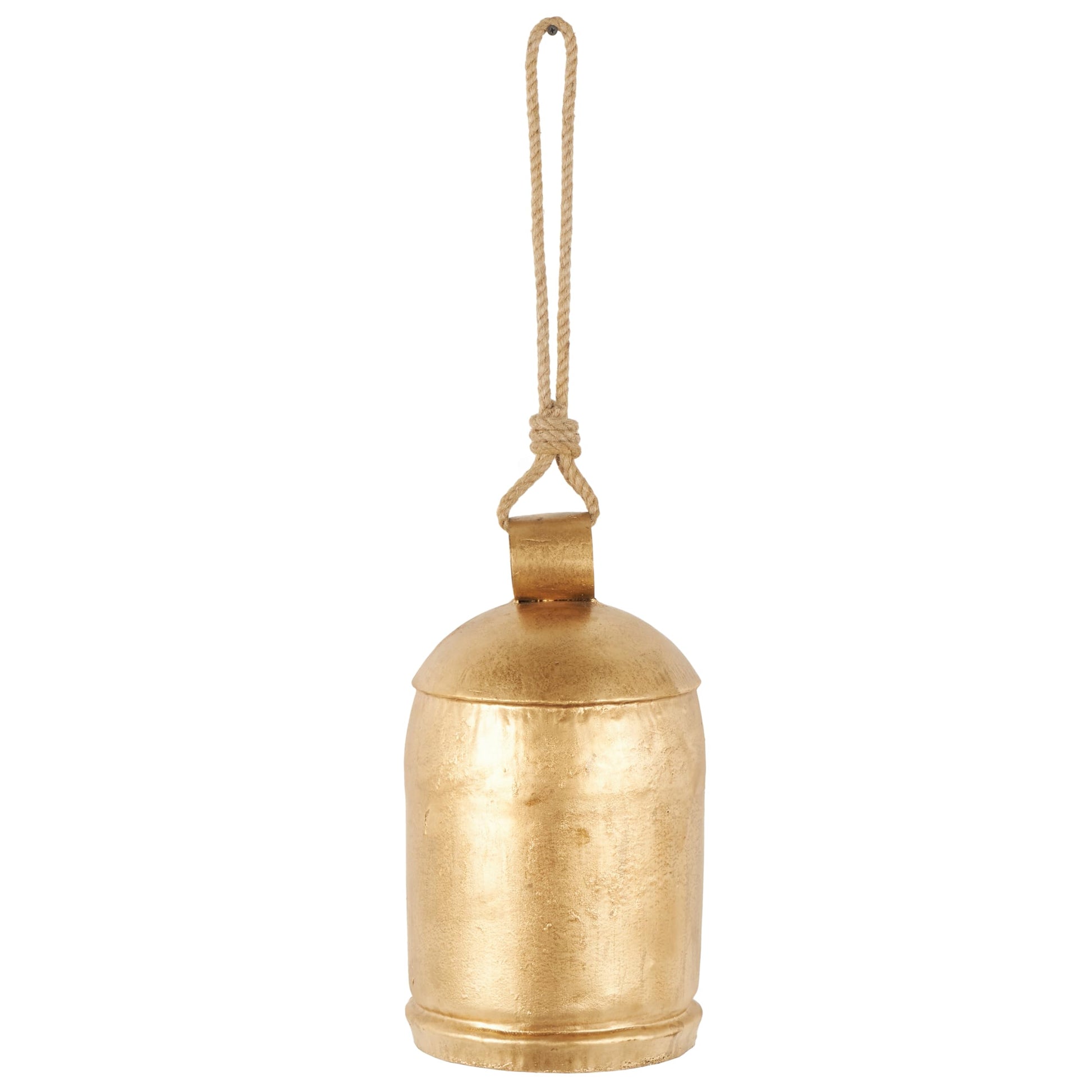 Deco 79 Gold Metal Tibetan Inspired Decorative Giant XL Cow Bells with Jute Hanging Rope, Set of 3 10",8",6"H - Cylindrical