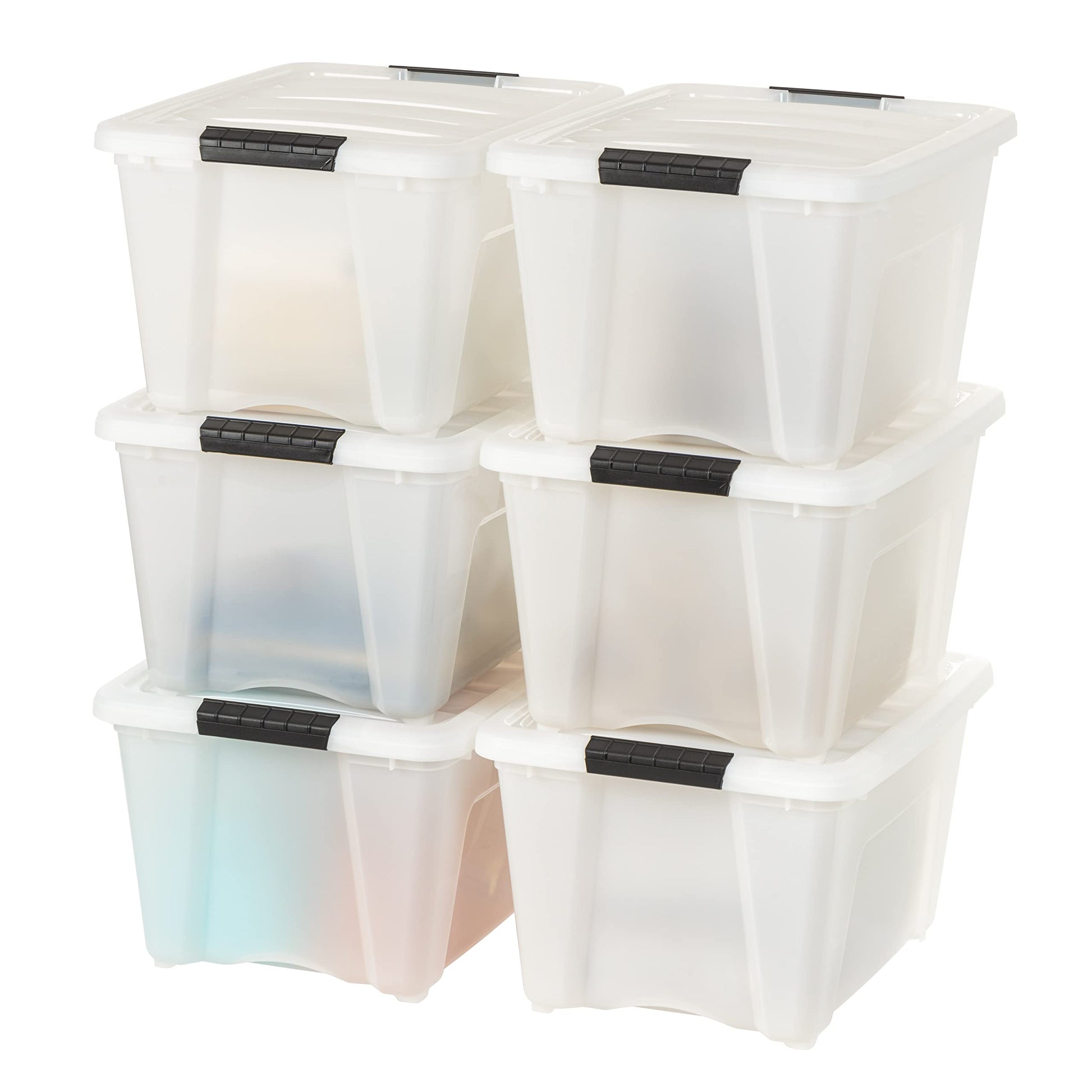 IRIS USA 13 Qt Stackable Plastic Storage Bins with Lids, 6 Pack - BPA-Free, Made in USA - Discreet Organizing Solution, Latches, Durable Nestable Containers, Secure Pull Handle - Pearl
