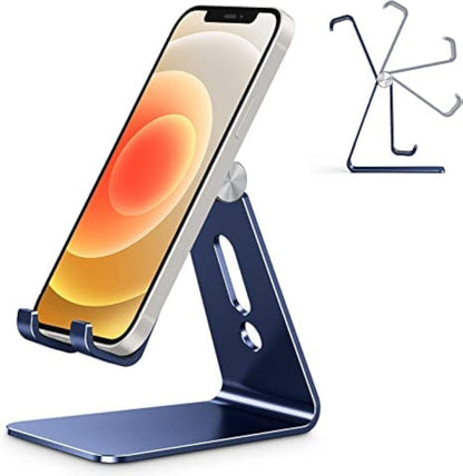 Adjustable Cell Phone Stand, OMOTON Aluminum Desktop Cellphone Stand with Anti-Slip Base and Convenient Charging Port, Fits All Smart Phones, Silver