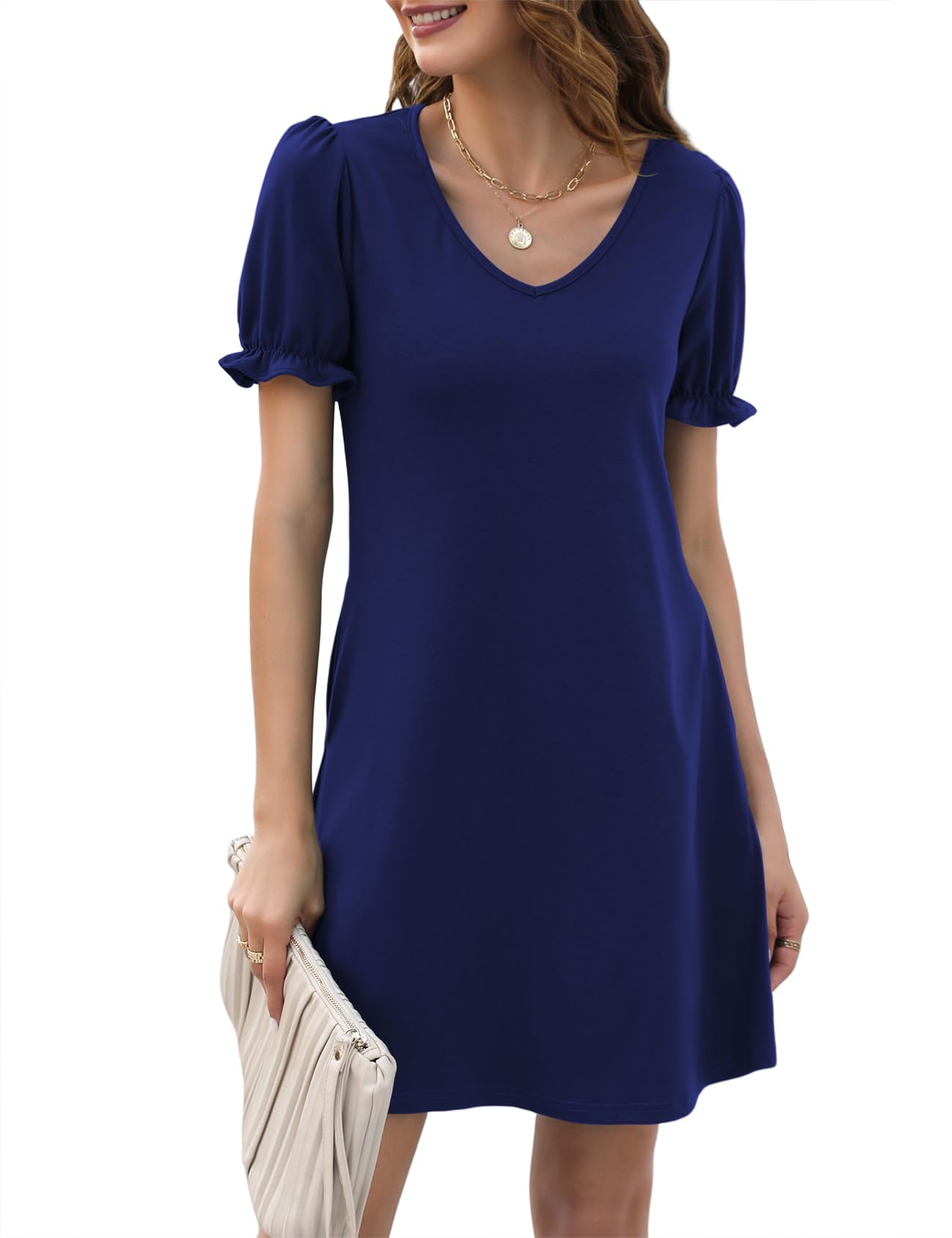 Halife Womens Summer Dresses Casual Puff Short Sleeve V-Neck T Shirt Dress with Pockets