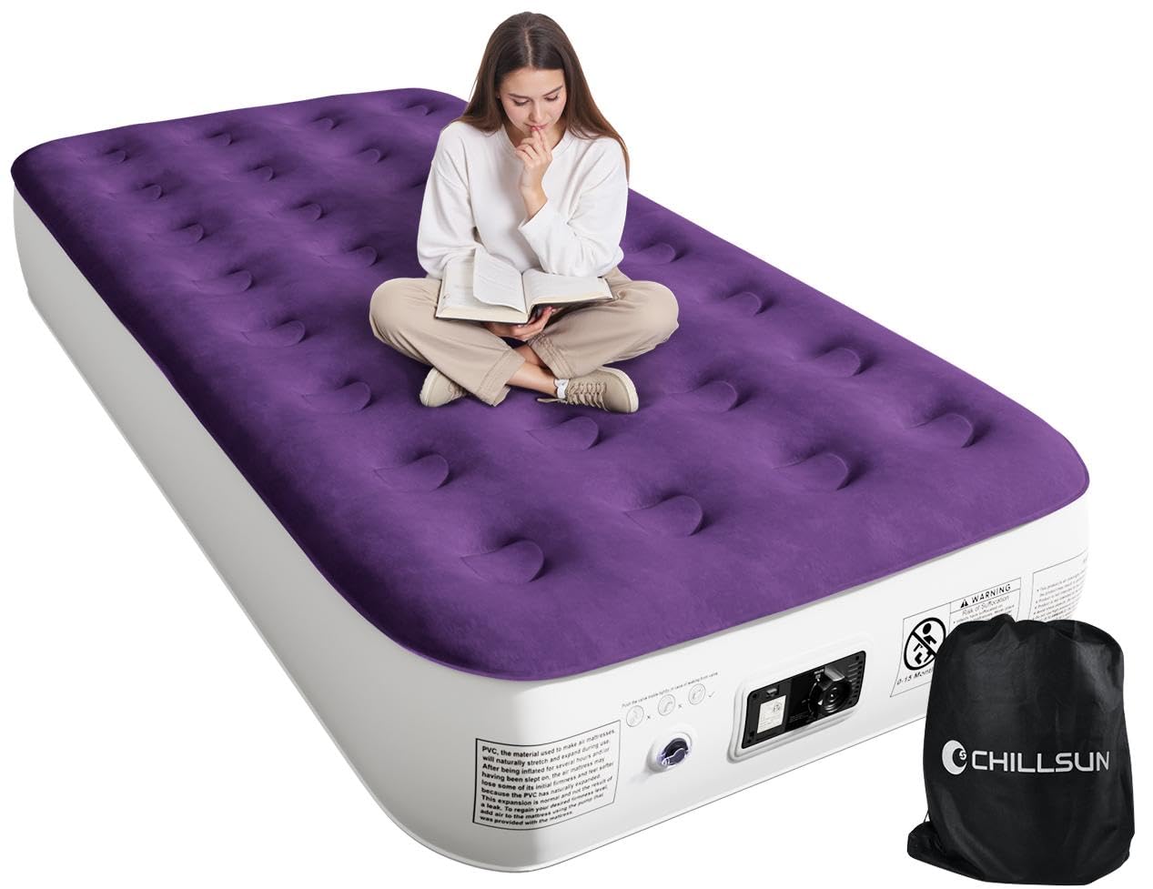 CHILLSUN Air Mattress Queen With Built in Pump - Upgraded Blow Up Bed,2 Mins Quick Self Inflatable and Deflate, 18"/650lbs Max, Strong Support, Flocked Top, Puncture Resistant, for Camping,Home,Guests