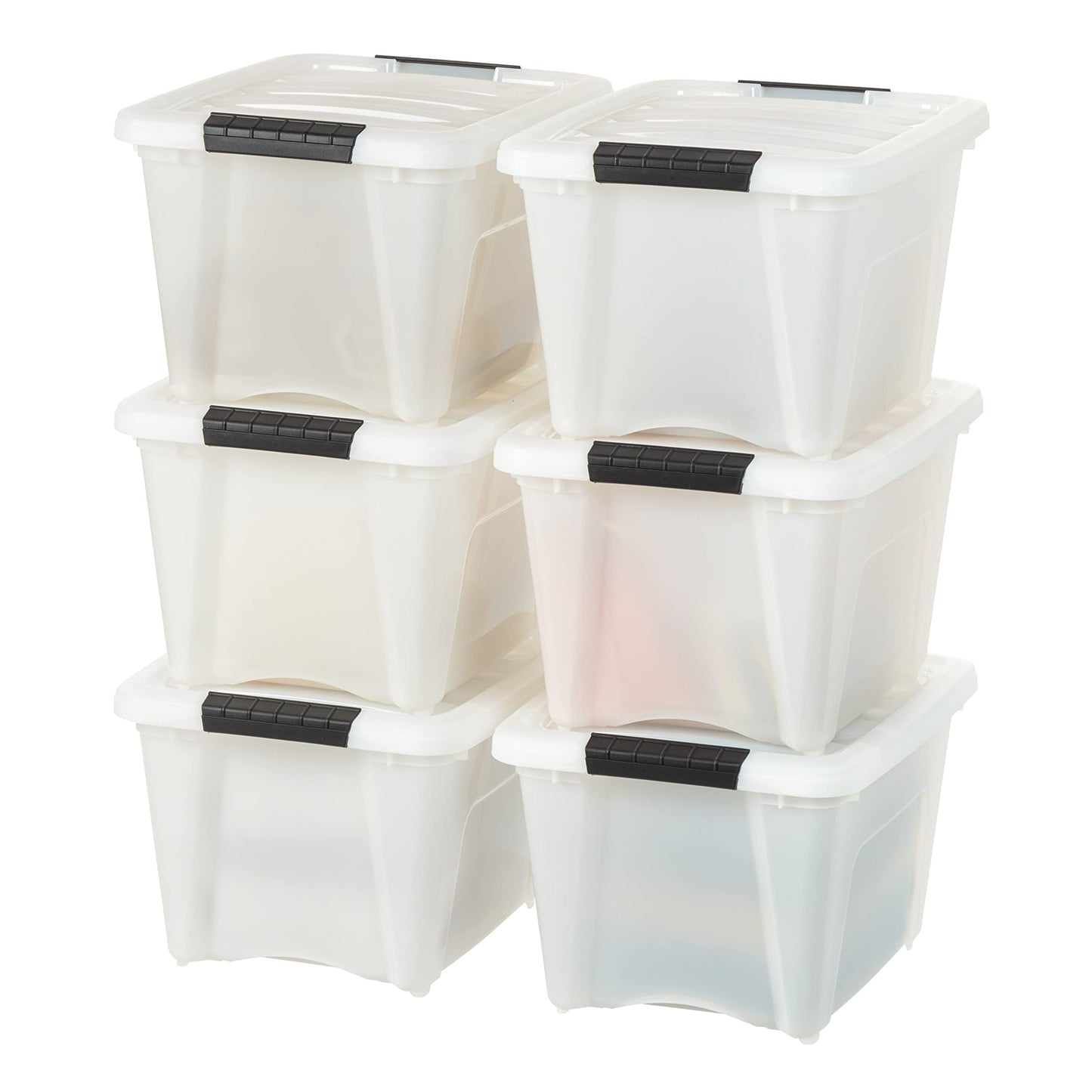 IRIS USA 13 Qt Stackable Plastic Storage Bins with Lids, 6 Pack - BPA-Free, Made in USA - Discreet Organizing Solution, Latches, Durable Nestable Containers, Secure Pull Handle - Pearl