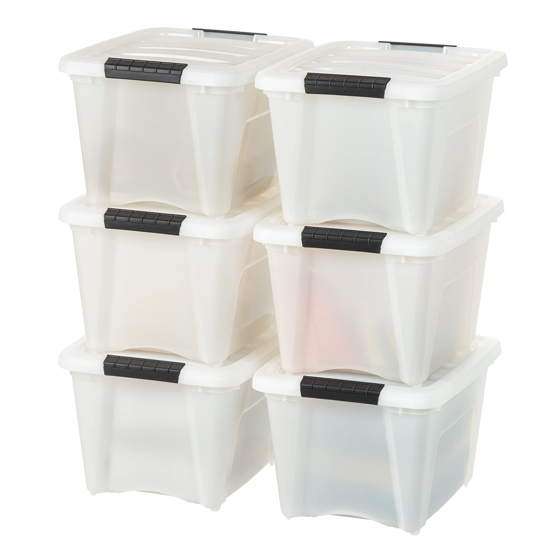 IRIS USA 13 Qt Stackable Plastic Storage Bins with Lids, 6 Pack - BPA-Free, Made in USA - Discreet Organizing Solution, Latches, Durable Nestable Containers, Secure Pull Handle - Pearl