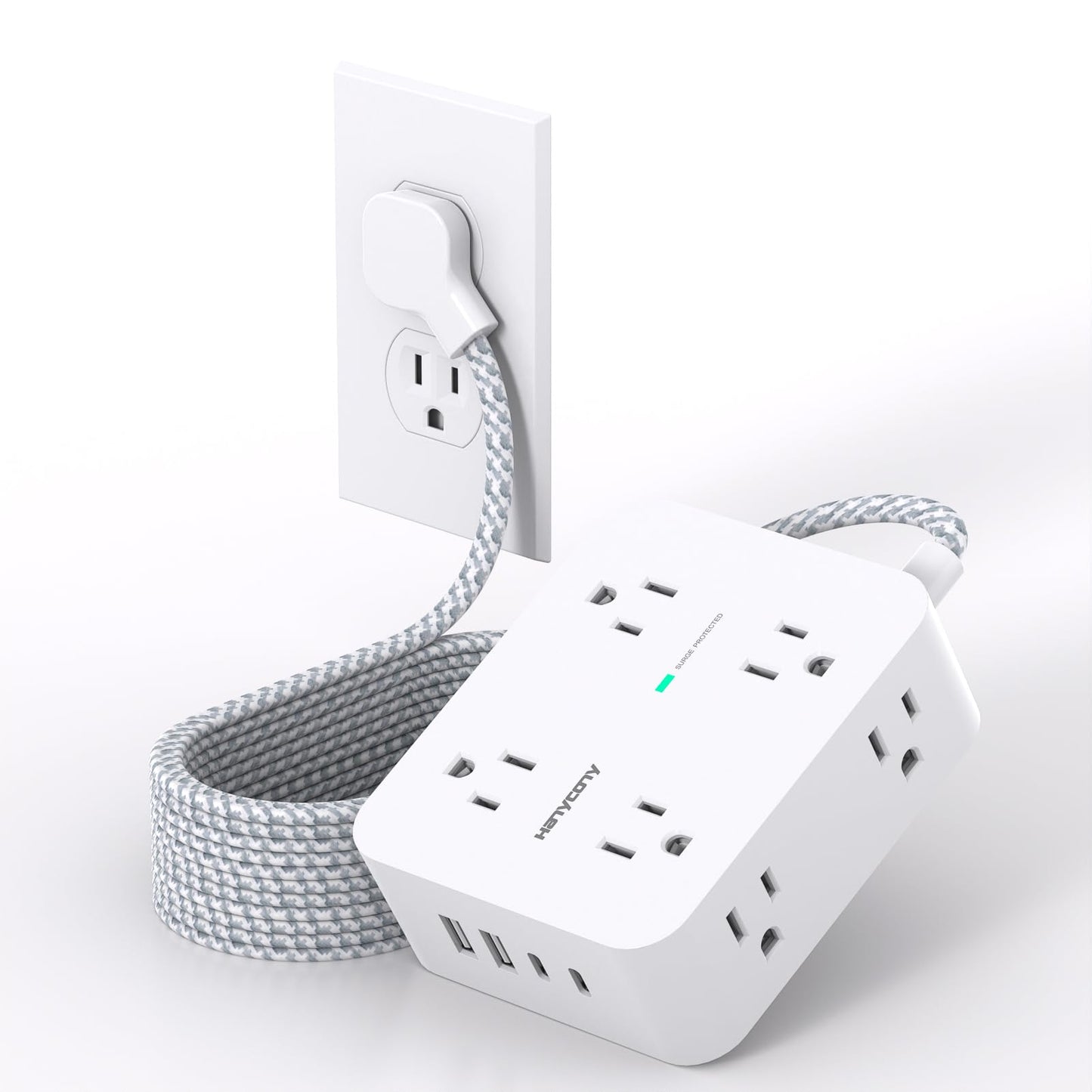 Surge Protector Power Strip, HANYCONY Extension Cord with Multiple Outlets, 5 Ft Ultra Thin Flat Plug 8 Outlets 4 USB Ports(2USB C), 1080J Outlet Extender for Home Office College Dorm Room Essentials