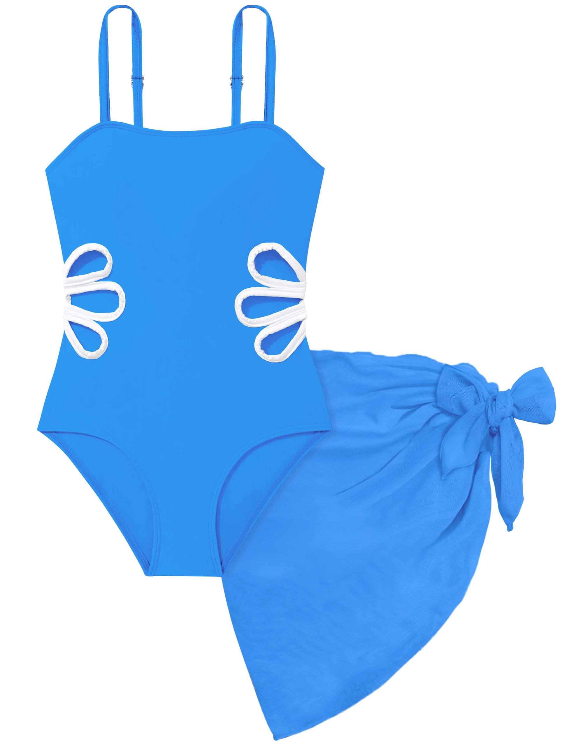 Girls Swimsuit, Adjustable Straps Cut Out One Piece Bathing Suit with Solid Color Cover Up Skirt Girls' Swimwear