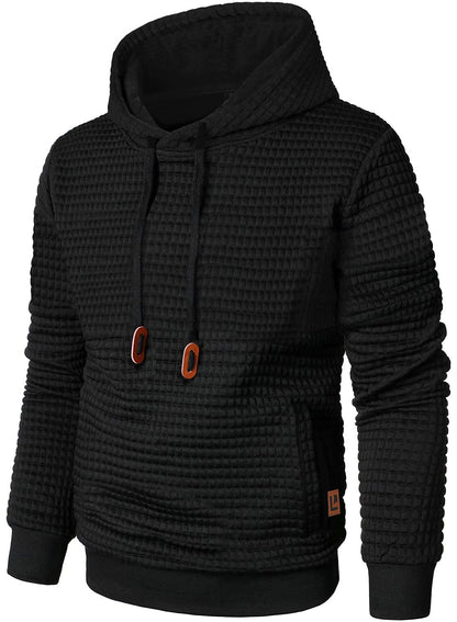 Men’s Sweatshirts Long Sleeve Pullover Patchwork Plaid Jacquard Hoodie Casual Drawstring Hoody Top