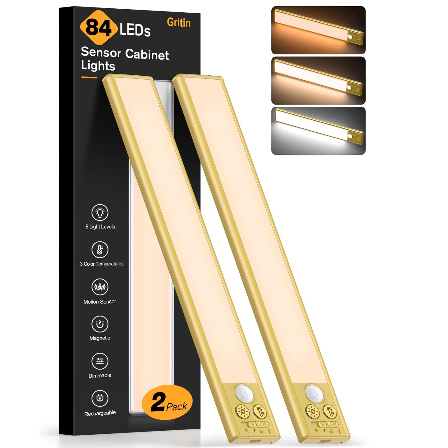 Gritin 10.2inch Under Cabinet Lighting Rechargeable -84 LED Super Bright,3-Color& 5 Level Brightness,4 Modes,Motion Sensor,Long Lasting- Easy Installation Magnetic Under Cabinet Closet Lights -2 Pack