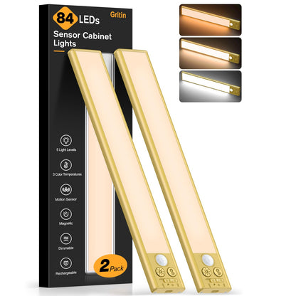 Gritin 10.2inch Under Cabinet Lighting Rechargeable -84 LED Super Bright,3-Color& 5 Level Brightness,4 Modes,Motion Sensor,Long Lasting- Easy Installation Magnetic Under Cabinet Closet Lights -2 Pack