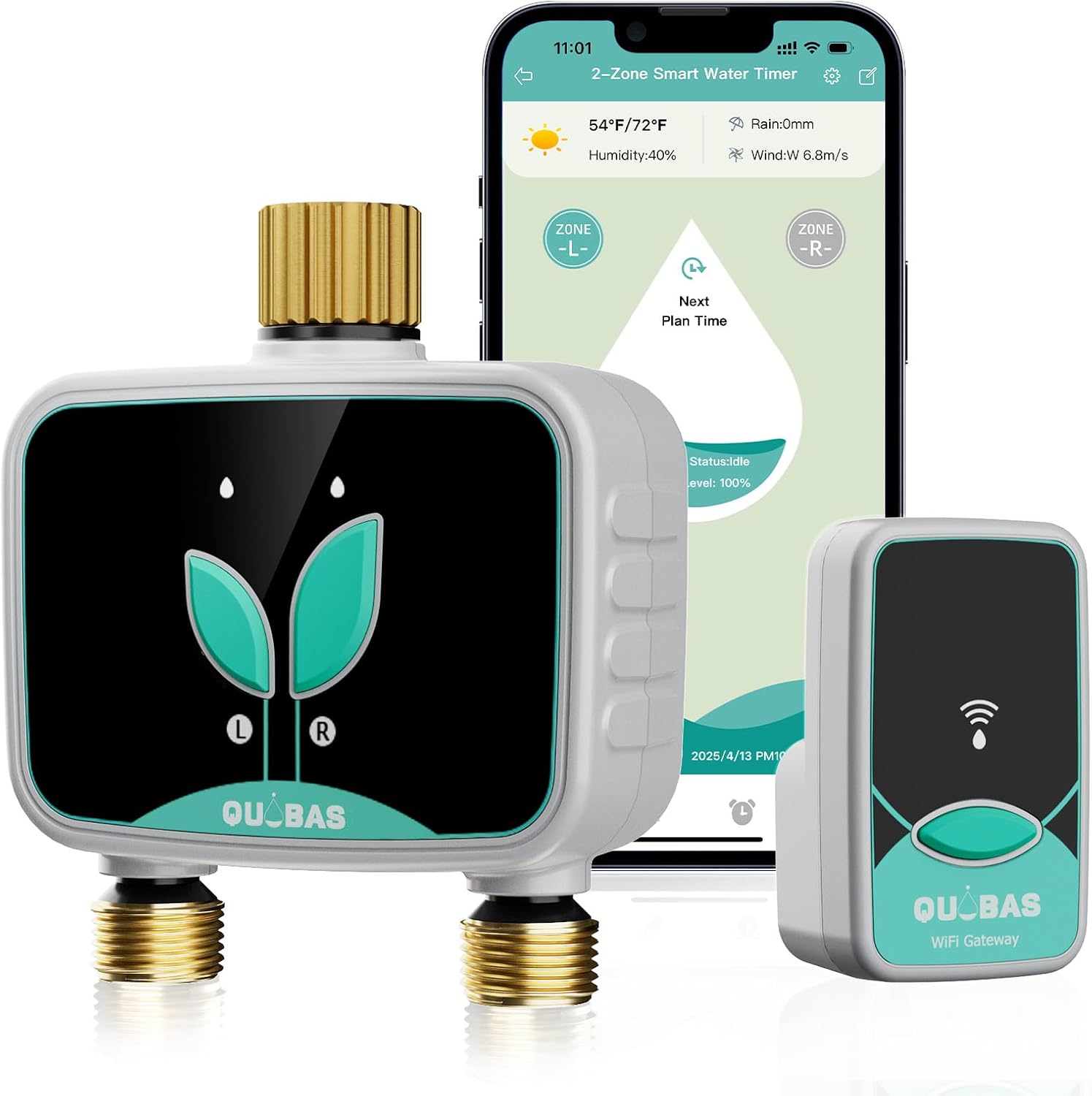WiFi Sprinkler Timer with Brass Inlet & Outlet, 2-Zone Smart Water Timer for Garden Hose with APP Remote Control, Manual Watering, Rain Delay Watering, for Lawn, Garden