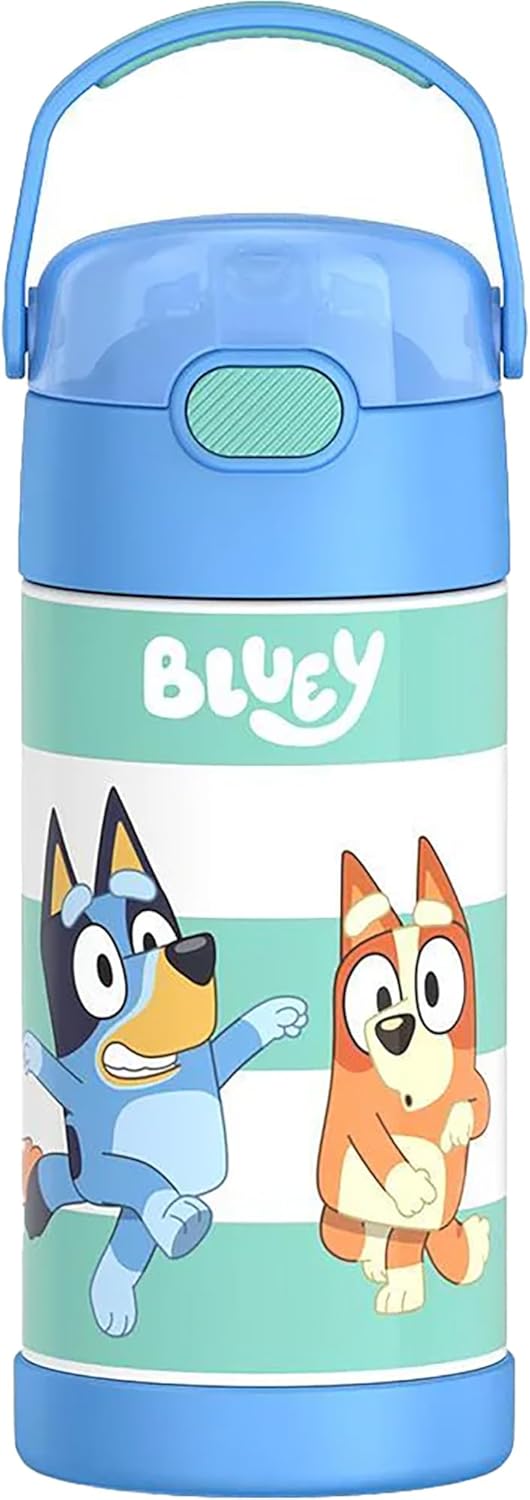 THERMOS FUNTAINER Water Bottle with Straw - 12 Ounce - Kids Stainless Steel Vacuum Insulated Water Bottle with Lid, Bluey