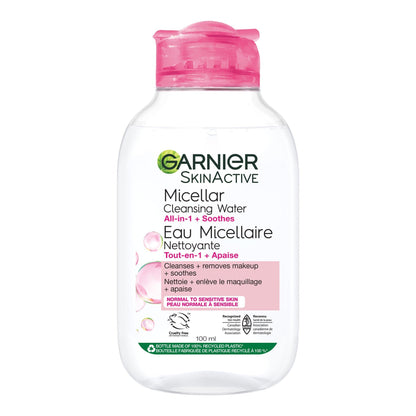 Garnier Micellar Cleansing Water, All-in-1 Makeup Remover and Facial Cleanser, For All Skin Types, 3.4 Fl Oz (100mL), 1 Count (Packaging May Vary)