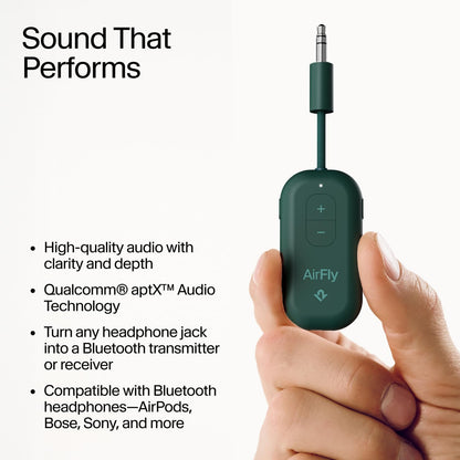 AirFly Pro 2 Deluxe – Bluetooth Adapter for Airplane, Pair 2 AirPods or Wireless Headphones – 3.5mm AUX Bluetooth Transmitter/Receiver for Cars, Boats, Treadmills, TVs – Airplane Travel Essentials